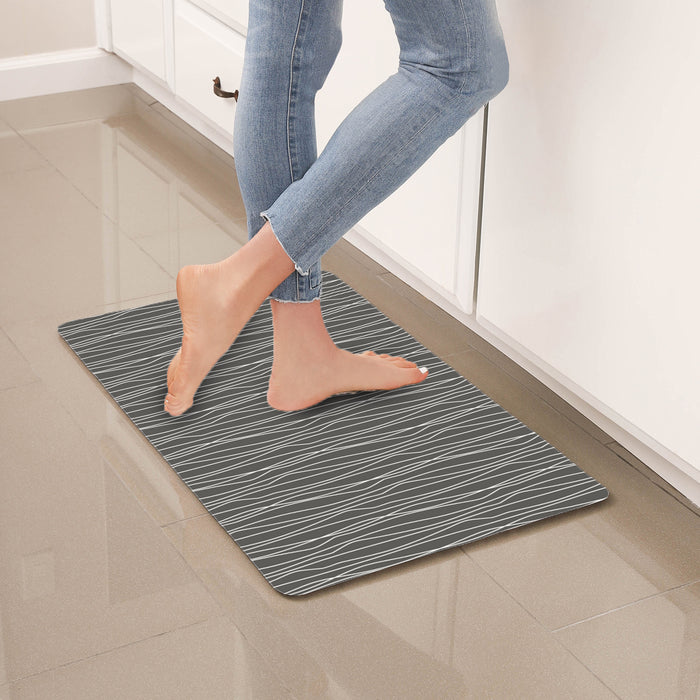 A Piece Of Silica Gel Kitchen Floor Mat Which Is Grey Coloured With Simple  Patterns And Letter Prints. It Is In Modern Style Design Which Is  Anti-fatigue, Slip-resistant And Water-absorbent. This Mat